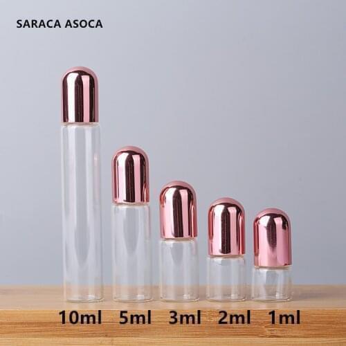Whoelsael 5ml Mini Clear Color Ball Glass Bottles 50pcs/lot Steel Ball Essential Oil Glass Refillable Bottles Pink Cap