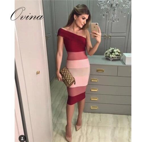 One Shoulder Sleeveless Striped Knee Length Bodycon Rayon HL Bandage Dress Night Party Dress