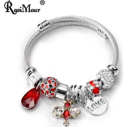 RAVIMOUR Bangles for Women Hollow LOVE Letter Bracelets Femme Trendy Crystal Butteryfly Hearts Ball Stainless Steel Jewelry 2018