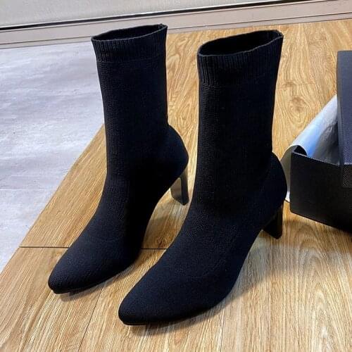 Stretch knitted sock booties femme solid slip on mid-calf botas pointed toe chelsea botines ultra high heels fashion boots women