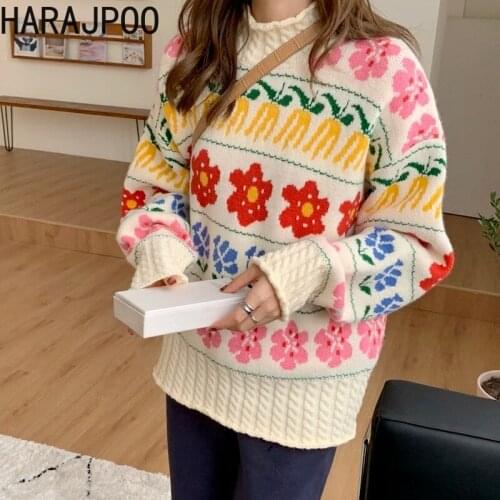 Harajpoo Sweaters Women Flower Printing Warm Spring Autumn 2021 New Korean Style Loose Outer Knit Clothes Fashion Halloween Tops