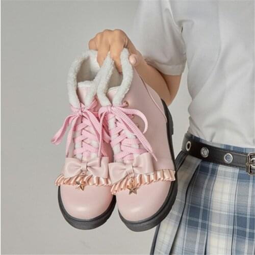 PXELENA Ruffles Butterfly-knot JK LO Uniform Lolita Ankle Boots Girls Student School Collegiate Low Heels Martin Boots Women 43