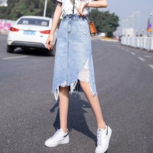 Spring & Summer New Denim Skirts Edge Hollow A-line Denim Skirt Over The Knee Mid-length Jean Skirt Women Asymmetrical BSQ299