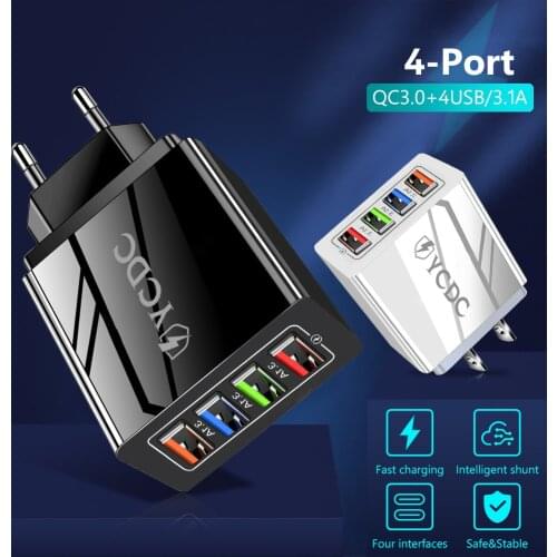 YCDC QC 3.0 3A 4 Ports USB Phone Charger Fast Charging For iPhone Xiaomi Samsung Charger EU US Wall Adapter Quick Charge 3.0