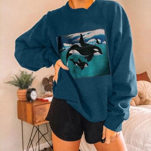 Blouse 2021 Autumn Winter New Women Ocean Print Casual Pullover Printing Long Sleeve Sweatshirt Vintage Loose Tops Blouses