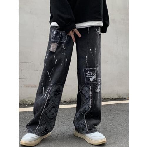 HOUZHOU Grunge Style Black Women Jeans Pants Punk Streetwear Patchwork Print Fashion Wide Jeans 90s Vintage Oversize Trousers