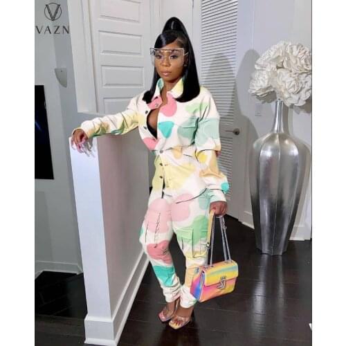VAZN 2021 Lady Fashion New Casual Tooling Style Sets Long Sleeve Lapel Pockets Top Elastic Long Pants Printed 2 Piece Sets