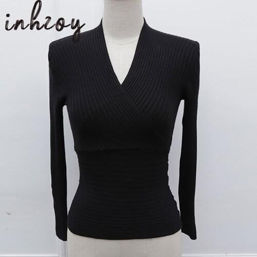 Women Vintage Elegant Casual Pullover Slim V Neck Sweater Lady 2020 Autumn Winter Solid Long Sleeve Basic Knitwear Top Work Chic