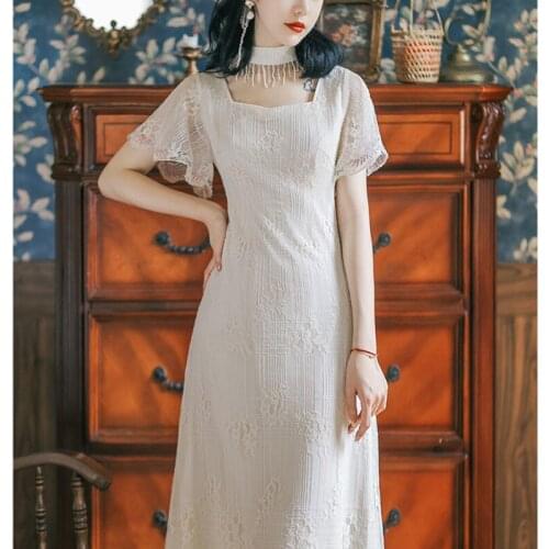 Fringed Halter Neck Sexy Self-cultivation Square Neck Hollow Lace Dress Gentle Young Summer Temperament Thin Retro Cheongsam