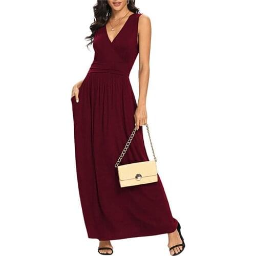 Summer Solid Color Dresses For Office Lady Vestidos Female Robes Elegant Women Slim Maxi Dress Sexy V Neck Sleeveless Vest Dress