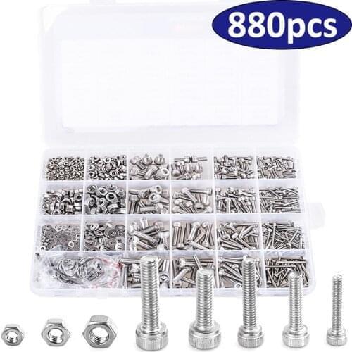 880Pcs M2 M3 M4 M5 Hex Hexagon Socket Screw Set Stainless Steel Flat Round Cap Head Screw Kit Bolts and Nuts Allen bolts Set