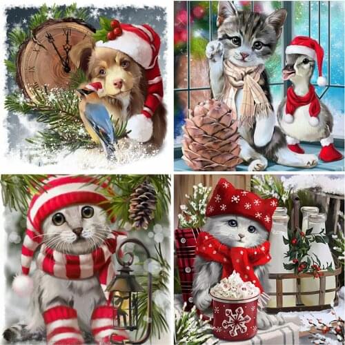 HUACAN Full Drill Diamond Embroidery Cross Stitch Cat 5D DIY Diamond Painting Animal Mosaic Winter Christmas Gift