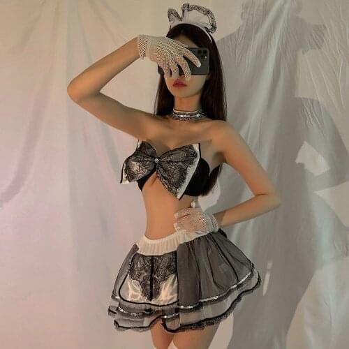 Anime Bow Maid Cosplay Outfit for Women Kawaii Lace Sexy Lingerie Costumes Sleeveless Breast Wrap Japanese Uniform Hollow Dress