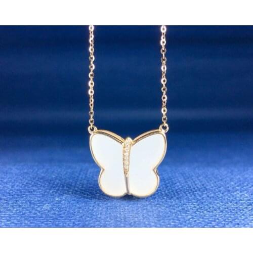18K gold and Hetian white jade butterfly clavicle chain, sheep fat jade with natural South African diamonds hde03