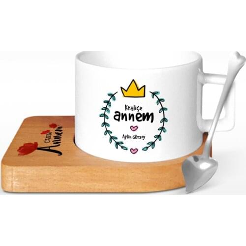 Personalized Queen Mom Design Wood Altlıklı Ceramic Cup-1
