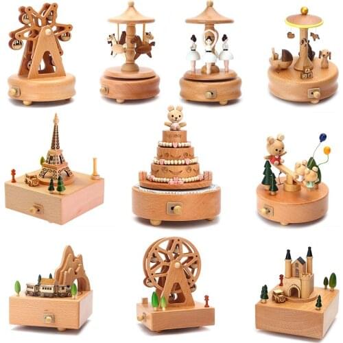 Kawaii Zakka Carousel Musical Boxes Wooden Music Box Wood Crafts Retro Birthday Gift Vintage Home Decoration Accessories