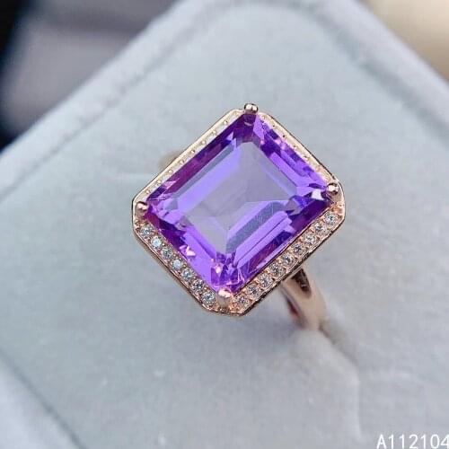 KJJEAXCMY fine jewelry 925 sterling silver inlaid natural amethyst women luxury fashion square adjustable gem ring support detec