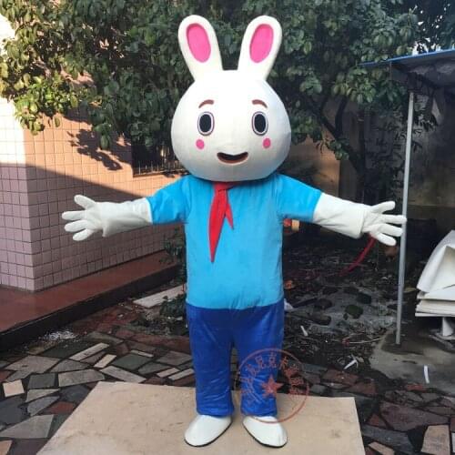White Bunny Rabbit cartoon Mascot costume blue shirt Fancy Dress Christmas Cosplay for Halloween outdoor decorations free ship