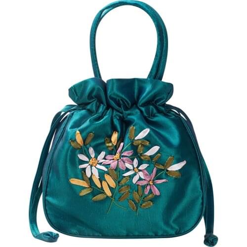 Small Women Bucket Bag Top Handle Ladies Handbag Phone Bag Summer Purse National Style Embroidered Flower Pattern Drawstring Bag