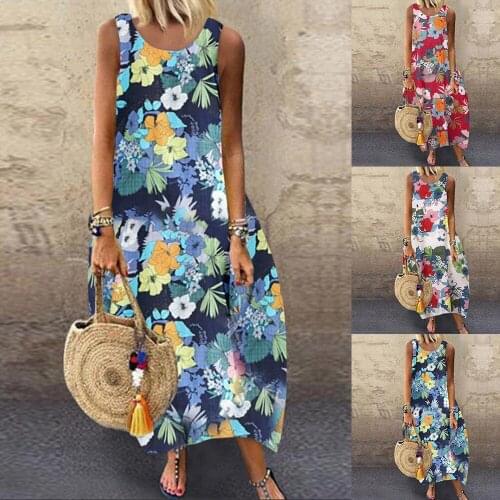 Fashion Floral Womens Dress 2021 Summer New Mid-Length Loose Hedging Round Neck Sleeveless Ethnic Printed Dress Women Robe