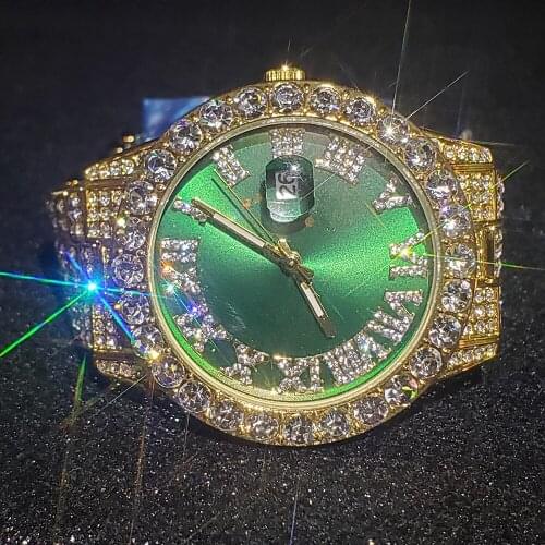 Hip Hop MISSFOX Mens Iced Out Watches Luxury Hiphop Quartz Wristwatches Green Diamond Bling Automatic Date AAA Male Wrist Watch