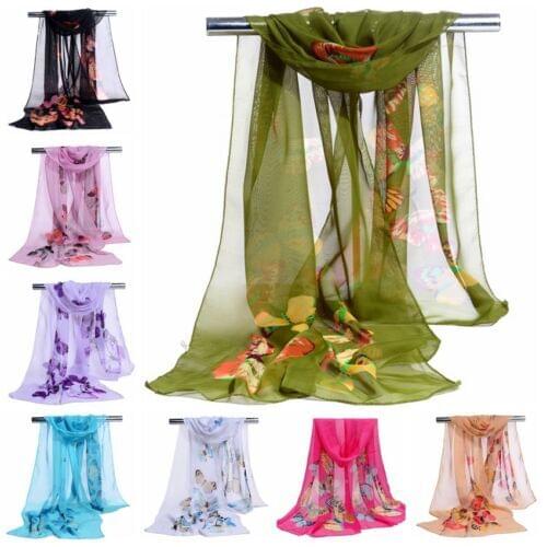 New Womens Long Butterfly Flower Print Chiffon Scarf Soft Wrap Lady Shawl Silk