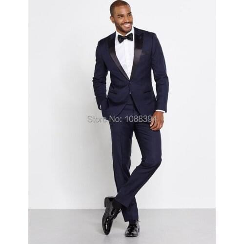 New Arrival Slim Fit Groomsmen Peak Lapel Groom Tuxedos Navy Blue Men Suits Wedding Suits For Men Best Man (Jacket+Pants+Bow)