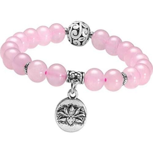 Silver Plated Blooming Lotus Flower Connect Rose Pink Quartz Round Beads Elastic Bracelet Tiger Eye Stone Temperament Jewelry