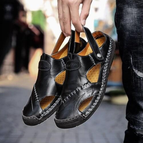 Men Sandals Genuine Leather Male Summer Outdoor Casual Big Size Slippers Men Slip-On Flip Flops Beach Sandals