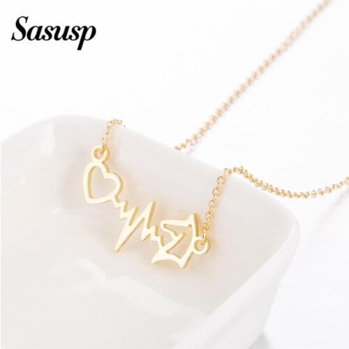 Sasusp Electrocardiogram ECG Horse Head Pendant Necklace Gold Sliver Geometric Jewelry Simple Sweater Chain Lovers Gift