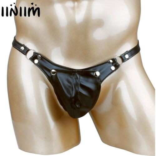 Iiniim Sexy Mens Lingerie Panties Faux Leather Buckled Bulge Pouch Briefs G-string Jockstraps Gay Sissy Underwear Underpants