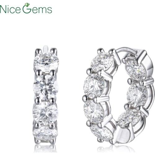 NiceGems Solid 10K White Moissanite Hoop Huggie Earrings for Women DF Color 4MM 4.2ctw Moissanite Diamond Hoop Earrings