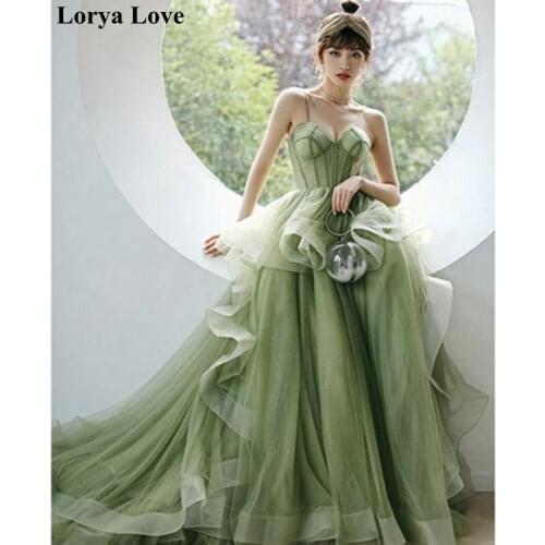 Light Green Ruffles A-Line Long Prom Dresses 2021 New Illusion Formal Party Robe De Soiree V-Neck Spaghetti Straps Evening Gowns