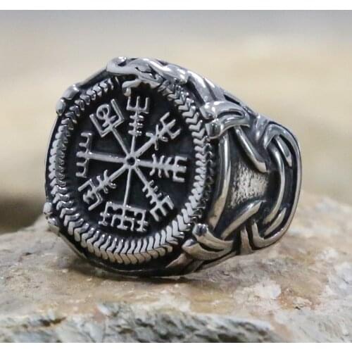 Vintage Gothic Viking Compass Rings 316L Stainless Steel Pirate Double Axe Punk Biker Rings Men Viking Amulet Jewelry