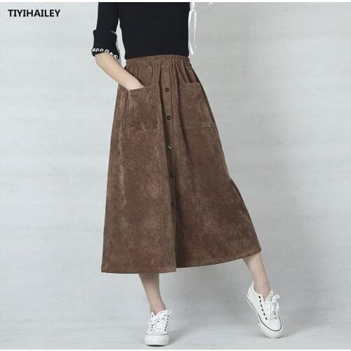 TIYIHAILEY Free Shipping 2020 New Fashion Long Mid-Calf A-Line Skirt Women Elastic Waist Winter Corduroy Single Breasted Pocket