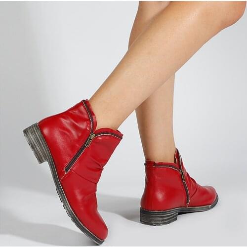 Women Boots 2020 Leather Ankle Boots Flat Shoes Autumn Winter Snow Boots Platform Zipper Punk Boots Ladies Shoes