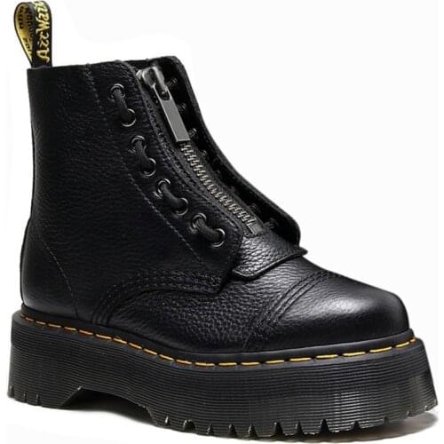 Martens Boots Women High Quality Genuine Leather British front zipper cowhide Lychee pattern short boots mujer platform shoes