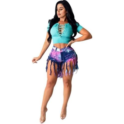 Womens Summer Shorts Female Low Waist Short Jeans Sexy Elastic Tie-dyed Jeans Tassels Sexy Short Pants Woman Short Trousers