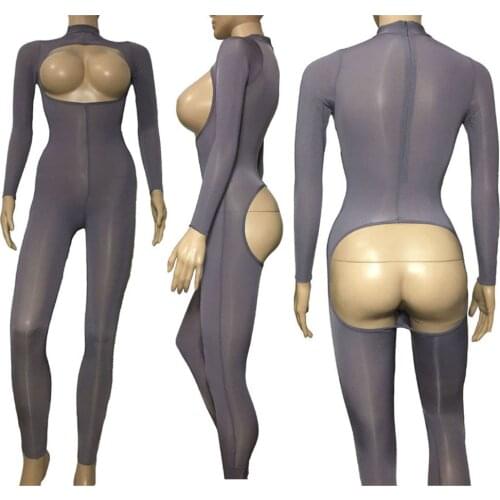 Women Sexy Lingerie Translucent Skinny Glossy Open Butt Cupless Jumpsuit Sheer Open Breast Lady Bodysuit Catsuit Fetish Costume