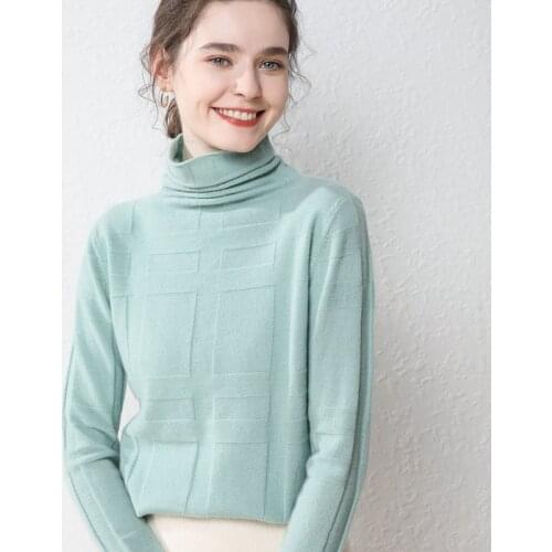 Zocept Winter Fashion Womens Pure Wool Sweater 2020 Computer Knitting Checkered Pattern Full Sleeve Turtleneck Pullovers