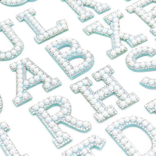 1Pcs 3D Blue Base Pearl Letter Patches English Alphabet Rhinestone Patches For Clothes Pearl Beads Sew on Patch DIY Name Hat Bag