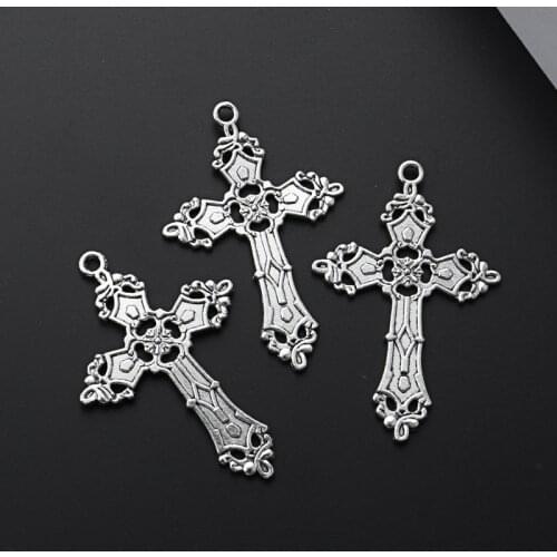 10pcs Silver Color 55x36mm Cross With Pattern Charms Solemn Religious Pendant Fit DIY Handmade Jewelry Making Finding Supplies