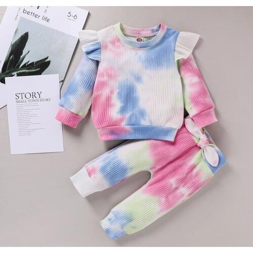 2020 Autumn Baby 2Pcs Clothes Set Baby Girl Fall Outfits Tie Dye Print Long Sleeve Ruffle T-Shirt + Bowknot Pants Set