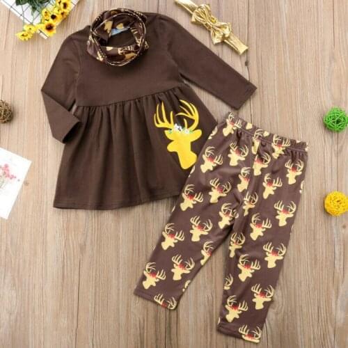 4Pcs Cute Deer Printed Clothes Sets Kids Baby Girl Outfits Set Clothes Long Tops Dress+Printed Pants Leggings Scarf Casual Sets