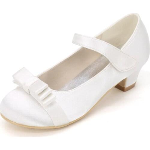 Creativesugar girls satin square kitten heel bow flower girl wedding dress shoes with strap rounded toe prom brithday party