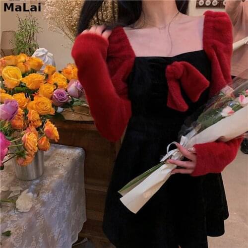 Velvet Kawaii Mini Dress Female Women Casual Bow One Piece Dress Korean Puffer Sleeve Square Collor French Elgant Vintage Dress