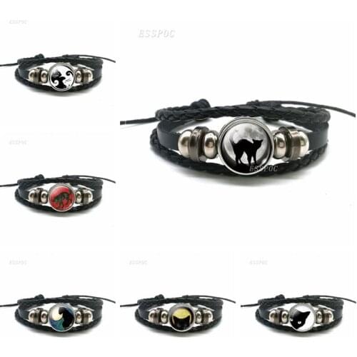 Black Cat Rope Bracelet Gothic Full Moon Jewelry Weave Multilayer Leather Bangle Men Women Fashion Accessories Cat Lover Gift