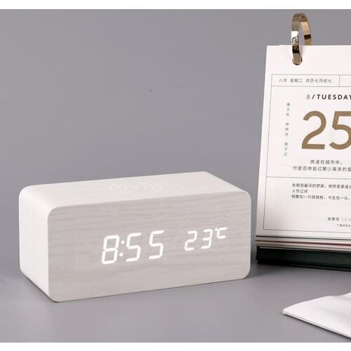 Alarm Clock LED Wooden Watch Table Voice Control Digital Wood DespertadorWith Qi Wireless Charging Pad Electronic Desktop Clocks