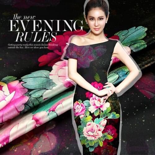 CNUM SP367 Pure Silk/Half Moon Peony/Silk Fabric Elastic 93% Silk 7% Spandex Charmeuse/Width 1.29yd Length 1.31yd