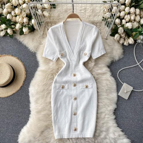 Croysier Summer Clothes For Women Dresses V Neck Short Sleeve Knit Sexy Mini Dress 2021 Office Lady Button Elegant Bodycon Dress